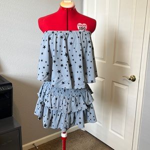 ee:some sz M romper strapless tiered shorts lt blue with navy stars New not worn